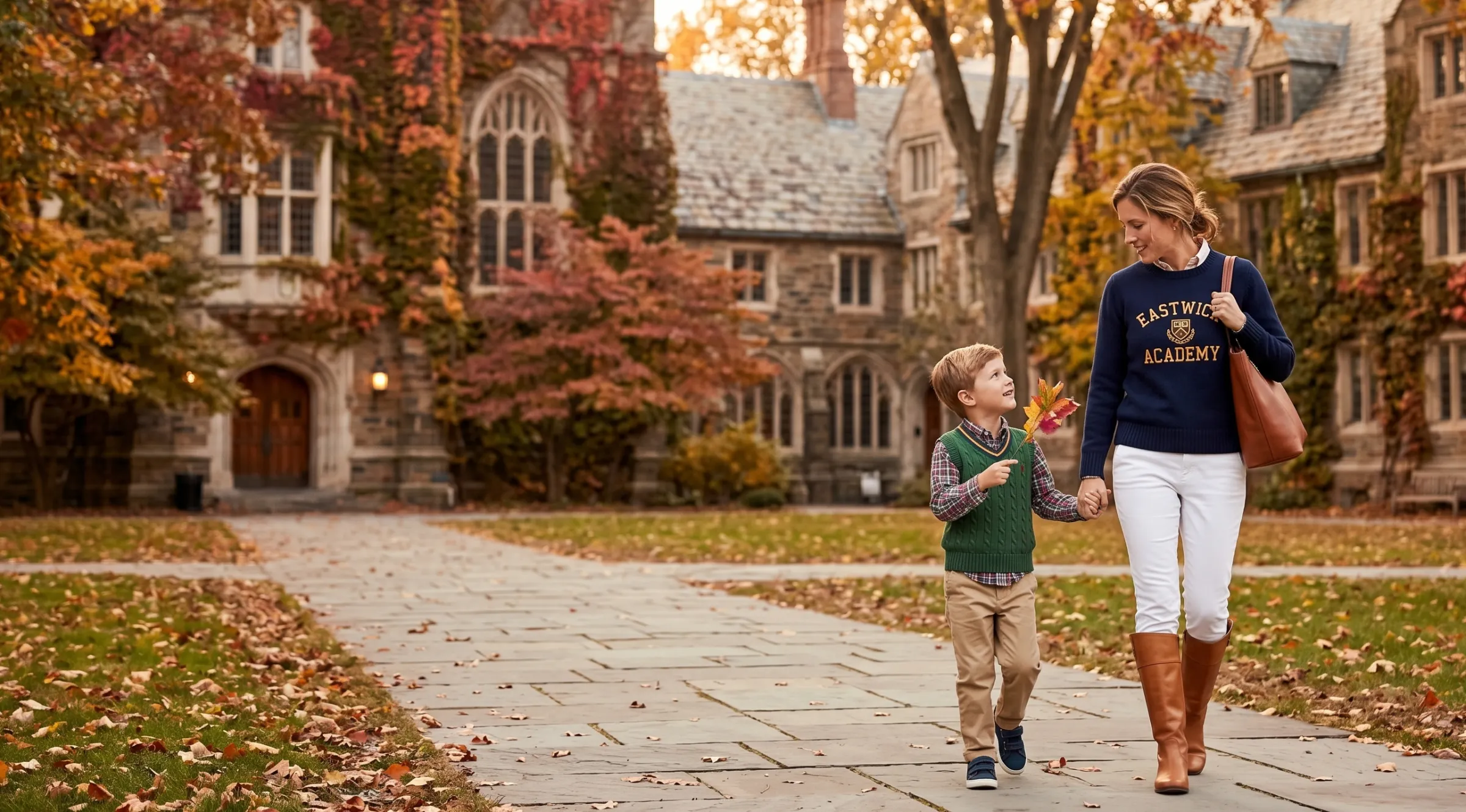 A parent and child in custom knit spiritwear on a prep-school campus in autumn