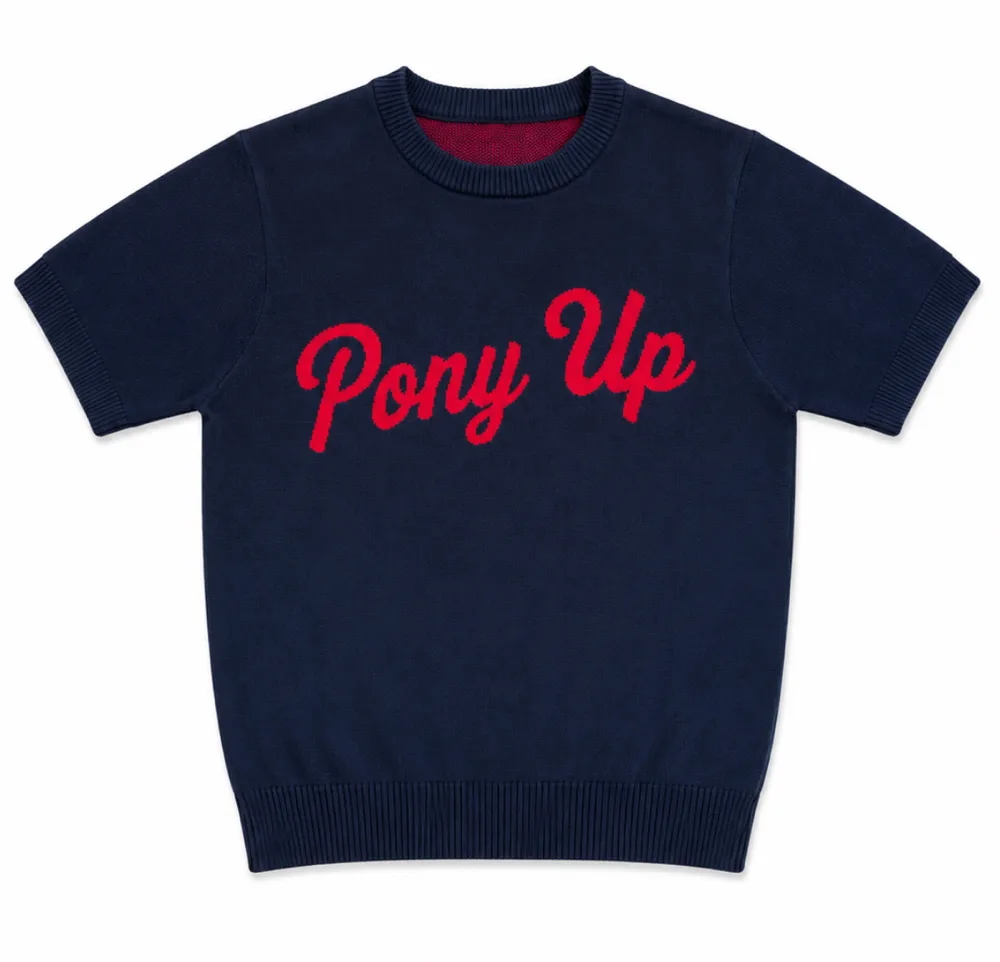 The Seasonal Knit-Tee with knit-in script lettering.