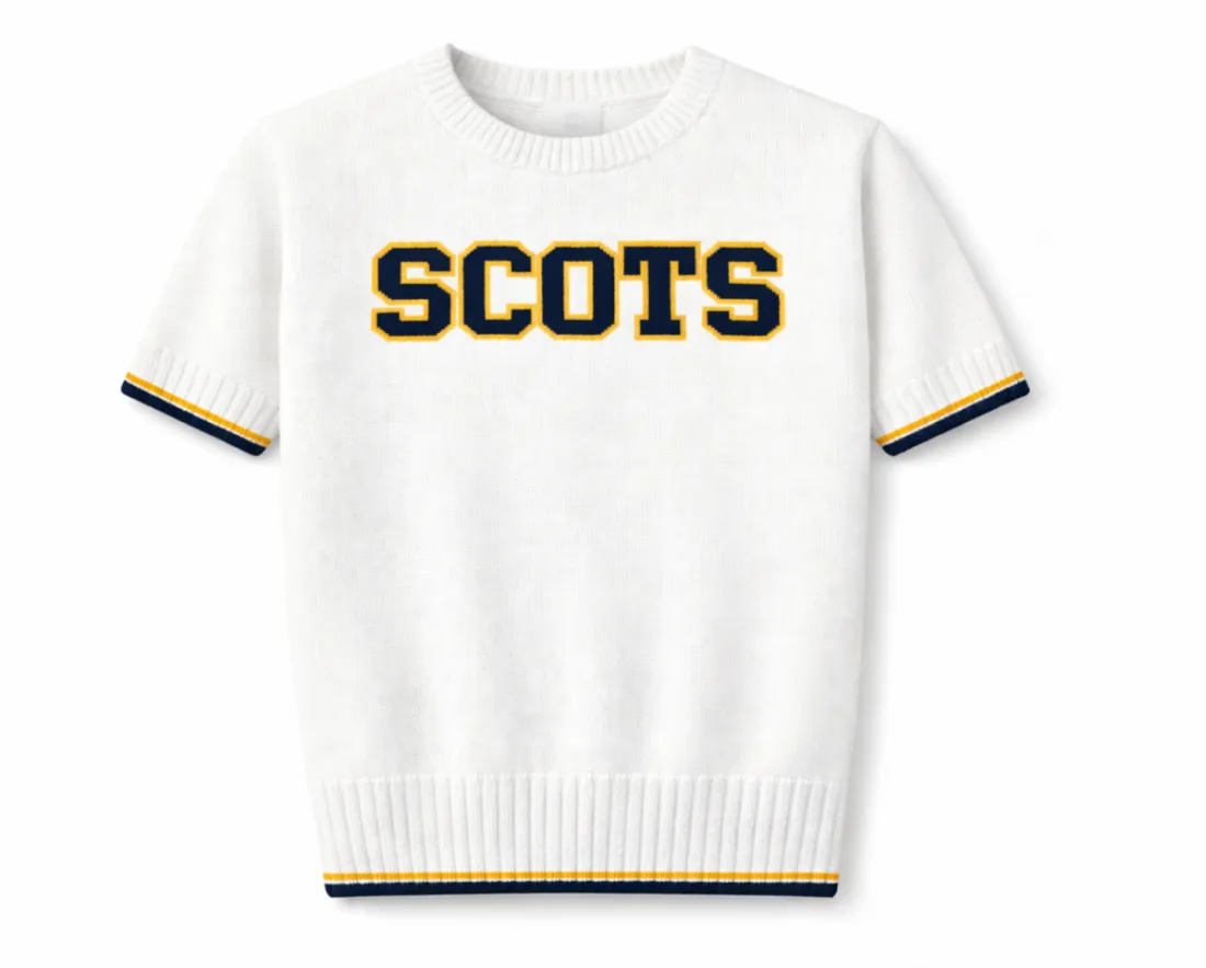 A white short-sleeve knit-tee with custom knit lettering.