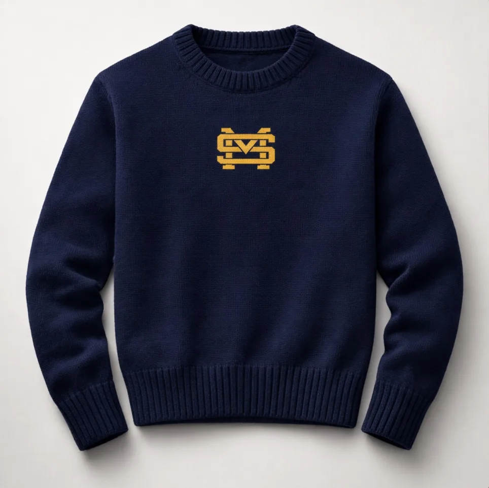 Navy crewneck sweatshirt with a hand-stitched gold monogram