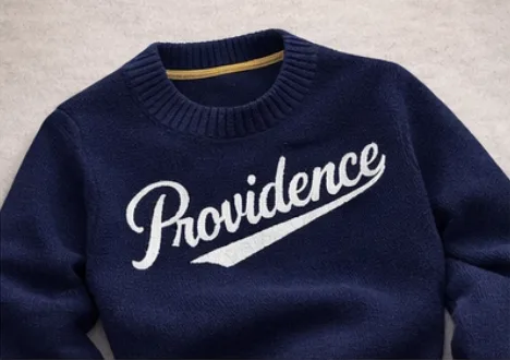 Close-up of knit-in chest lettering on a Home Team crewneck.